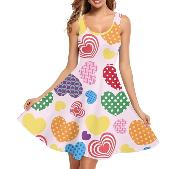 Renewold Lightweight Tank Dress for Women Colorful Hearts Round Neck Knee Length Swing Twirl Clothes Valentine's Day Outdoor Party Play Midi Dress Size M