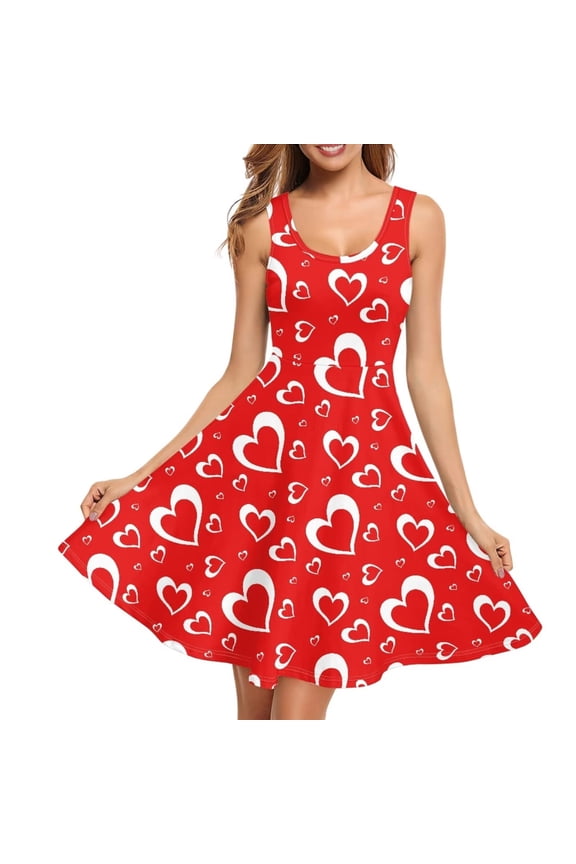 Lightweight Valentine's Day Summer Tank Dress Red Heart Sleeveless A-Line Dress Casual Round Neck Pull on High Waistline Dress for Women Size M
