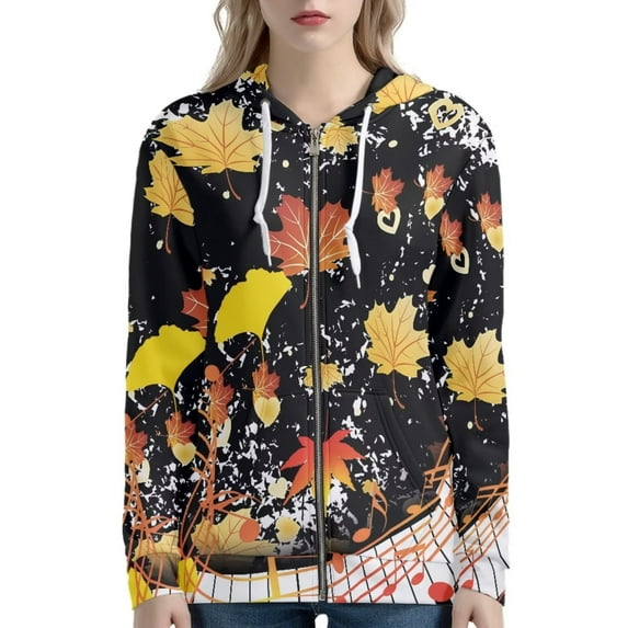Renewold Lightweight Women's Zip Up Hoodie Sweatshirt for Fall Spring Winter Athletic Thanksgiving Daily Wear Clothing Music Note Maple Leaves Jacket Outwear Size XS