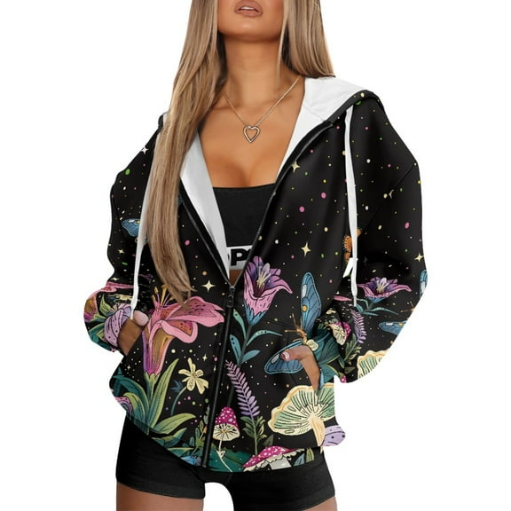 Renewold Lily Flower Galaxy Womens Full Zip Up Sweatshirts Hoodie Pullover Fleece Jackets Long Sleeve Oversized Sweatshirt Jackets Tops Dropped Shoulder Hooded Sweaters with Plus Size, XXL