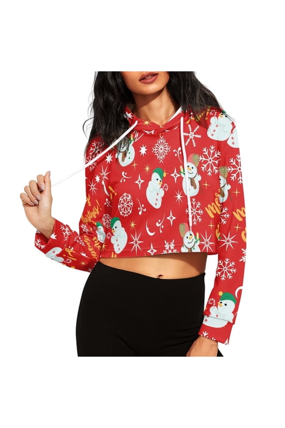 Long Sleeve Crop Hoodies for Women Christmas Snowman Snowflake Long Sleeve Pullover Hooded Sweatshirt Stylish Preppy Activewear Tracksuit Size XL