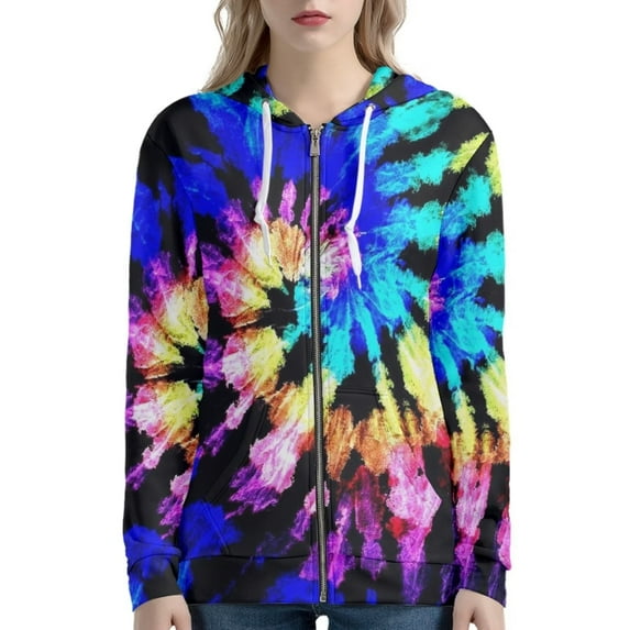 Renewold Long Sleeve Drawstring Sweatshirts Size XS Full Zip Up Hoodies for Women Boho Tie Dye Print Tops Elasticity No Pilling Coat Outdoor Leisure Vacations Outfits with Pocket