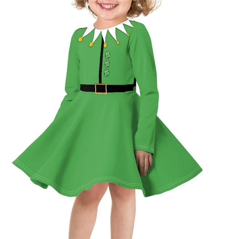 Renewold Long Sleeve Green Skater Dress for Teen Girls Christmas Elf Winter Party Casual Swing Twirl Dresses Skin Friendly A Line Knee Length Midi