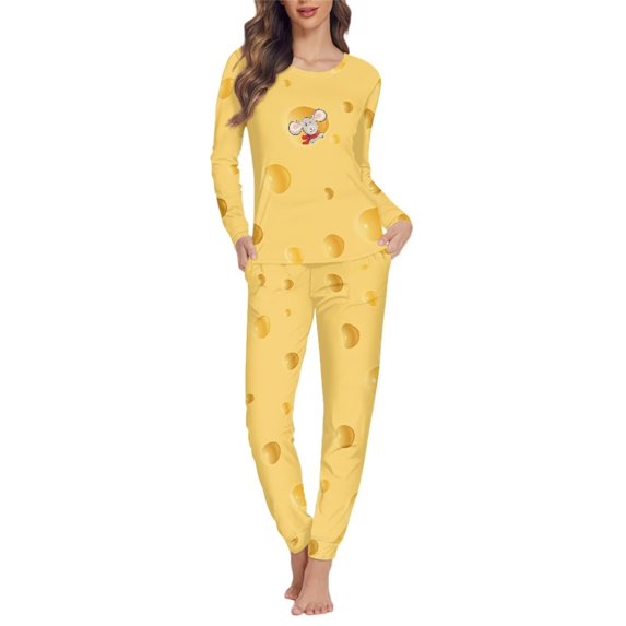 Renewold Long Sleeve Pajamas for Women Set of 2 Pack Warmth Fall Clothing,Cheese Cartoon Mouse Trendy Crew Neck Sleepwear Tracksuit Shirt Pants with Pockets,Size S