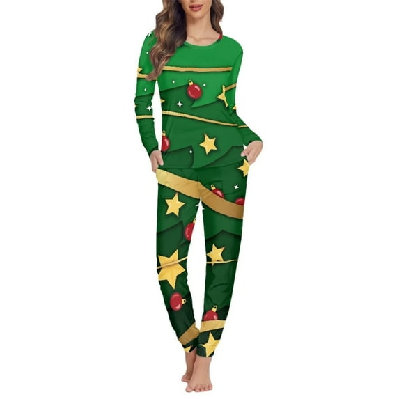 Renewold Long Sleeve Pj Pajama Set 2 Pieces Breathable Women Xmas Ball Stars Round Neck Sweatsuit Daily Wear Fashion Christmas Adults Jogger Walking Sleepwear Size 2XL