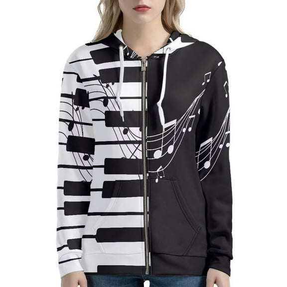 Renewold Long Zip Up Hoodies for Women Size XS Black & White Piano Key Graphic Sweatshirts Fall Chill Days Tops Soft Durable Clothes with Pocket