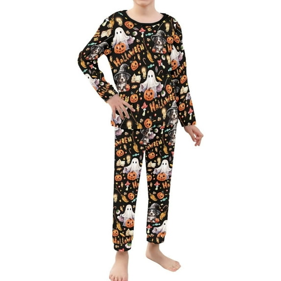 Renewold Loose Fitting Pajamas for Kids Halloween Theme PJ Top and Pants Pumpkins Candy Long Night Sleepwear 9-10T Boys Girls Skin Friendly Elastic Lounge Set of 2