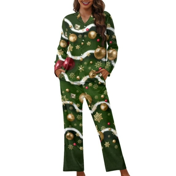 Renewold Loose Winter Pajama Women Xmas Ball Snowflake Button Nightwear Lounge Set Size 2XL 2PCS Stretchy Clothing Relaxed Sleepwear Christmas Birthday Gifts