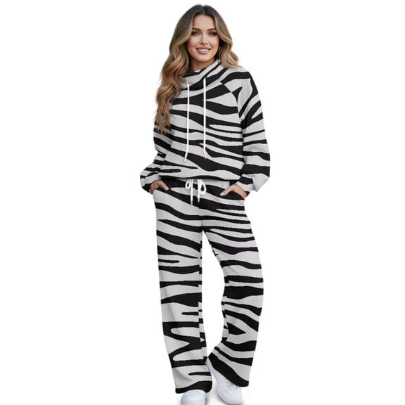 Renewold Lounge Sets for Women Wide Leg Pants Long Sleeve Turtleneck Pullover 2 Piece Outfits Women Comfiest Holiday Outfits Matching Tracksuit Sets, Zebra Print Black Grey, XS