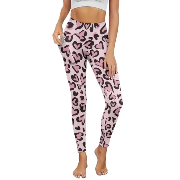 Renewold Love Leopard Print Pink Yoga Pants with Pockets for Women Stretch High Waisted Tummy Control Workout Tights Buttery Soft Graphic Leggings Sportswear Basic Pants, M