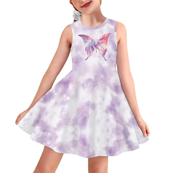 Renewold Lovely Sleeveless Princess Dress for Kids Girl 7-8T Colorful Butterfly A-Line Swing Dresses Spring Summer Outdoor Dance Skater Dress, Purple