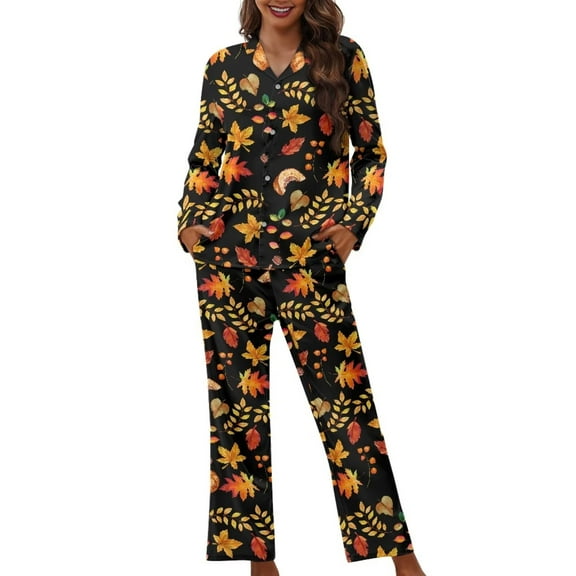 Renewold Maple Leaves Button Pajamas for Women Set Size 3XL Durable Crewneck Sleep Wear Pullover Tops 2 Pieces Leisure Fall Nighwear Thanksgiving Long Sleeve Top & Pants