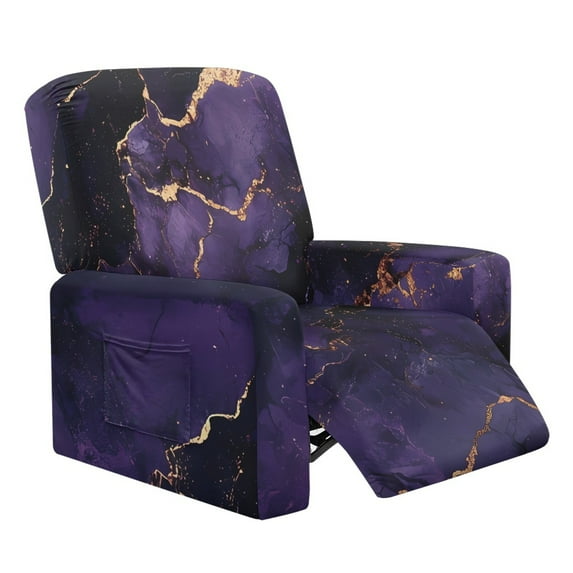 Renewold Marble Black Purple Oversized Recliner Cover Fitted Lazy Boy Chair Cover 4 Pieces Universal Reclining Chair Cover for Standard Large Recliner with Storage Pocket