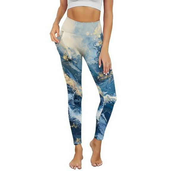Renewold Marble Blue Leggings with Pockets for Women Workout Tights Compression Leggings High Waisted Butt Lifting Printed Leggings Full Length Womens Leggings, L