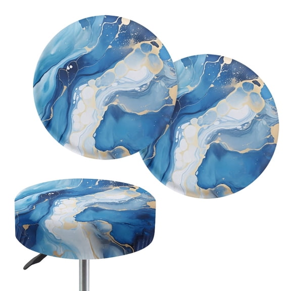 Renewold Marble Blue White Stool Covers Round Elastic Bar Stool Cushion Padded 14"-16" Round Bar Stool Seat Cover Cushion Breathable Saddle Stool Cushion, 2 Count