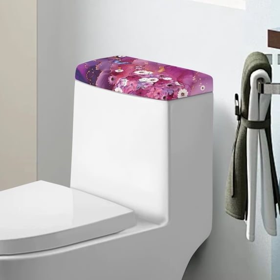 Renewold Marble Butterfly Daisy Print Toilet Tank Lid Cover for Bathroom Decor, Universal Toilet Tank Dust Cover Replacement with Stretch Band, Washable, Purple