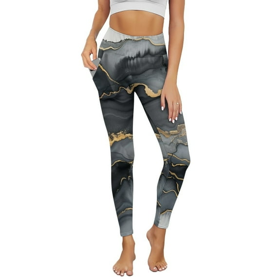 Renewold Marble Grey Gold Leggings with Pockets for Women Athletic Tights Compression Leggings High Waisted Butt Lifting Printed Pants Comfy Womens Yoga Leggings, 3XL