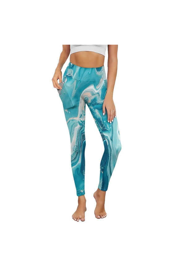Marble Teal White Yoga Pants with Pockets for Women High Waisted Workout Yoga Pants Tummy Control Buttery Soft Compression Pants Sportswear Non See-Through, M