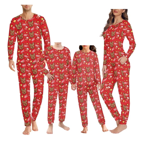 Renewold Matching Family Pajamas Set 2 Pieces HO-HO-HO Reindeer Crewneck Daily Wear Sleepwear for Men Stretchy Christmas Theme Sleep Loungewear Size M