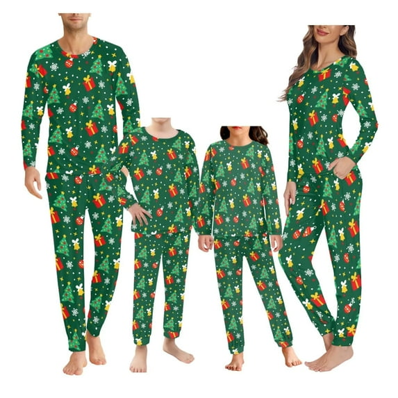 Renewold Matching Family Pajamas Sets Christmas PJ's Xmas Trees Ball Printed Long Sleeve Tee and Bottom Loungewear Size 5XL Snug-Fit Round Neck Nightwear for Women