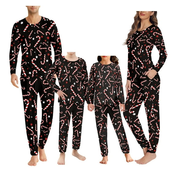 Renewold Matching Pajama Sets for Family Christmas Long Sleeve T-Shirt & Pants 2 Packs Candy Canes Stars Athletic Clothing Cozy Sleepwear Pj Loose Men Daily Wear Size 2XL