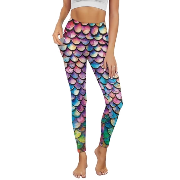 Renewold Mermaid Scales Pink Green Leggings with Pockets for Women Workout Tights Compression Leggings High Waisted Butt Lifting Printed Leggings Full Length Womens Leggings, S