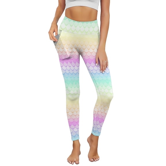 Renewold Mermaid Scales Pocket Yoga Leggings for Women Yoga Pants Tights Ultra Soft Slim Basic Pants Casual Active Yoga Leggings for Workout Sports Yoga Party, Yellow Green Violet, XXL