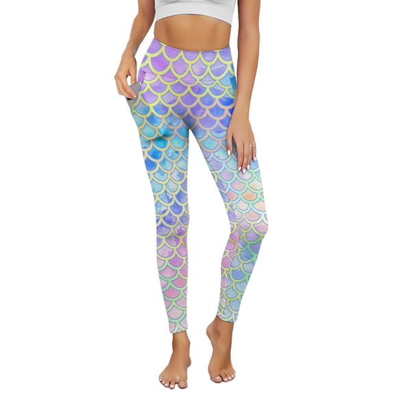 Renewold Mermaid Scales Tie-dye Yoga Leggings for Women with Pockets Trendy Running Yoga Pants High Waisted Tummy Control Graphic Pants Tights for Cycling Yoga Sports, XL