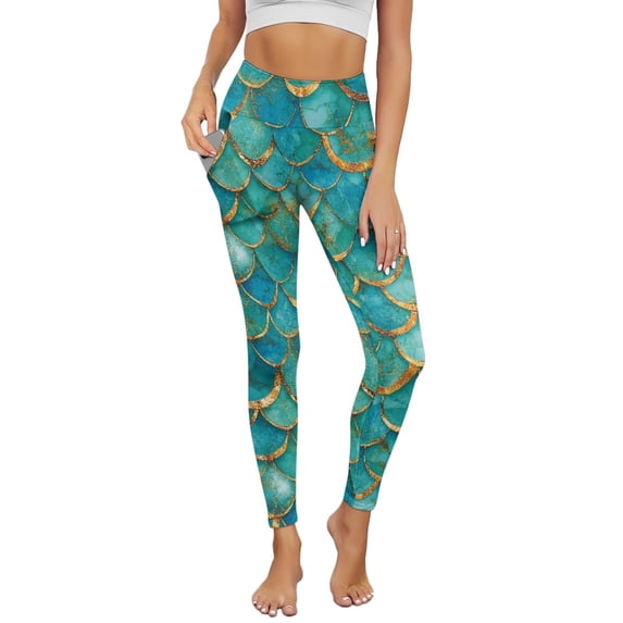 Renewold Mermaid Scales Yoga Leggings for Women with Pockets Stretchy Fashion Exercise Yoga Pants High Waisted Full Length Graphic Pants for Running Cycling Yoga, Green Gold, S