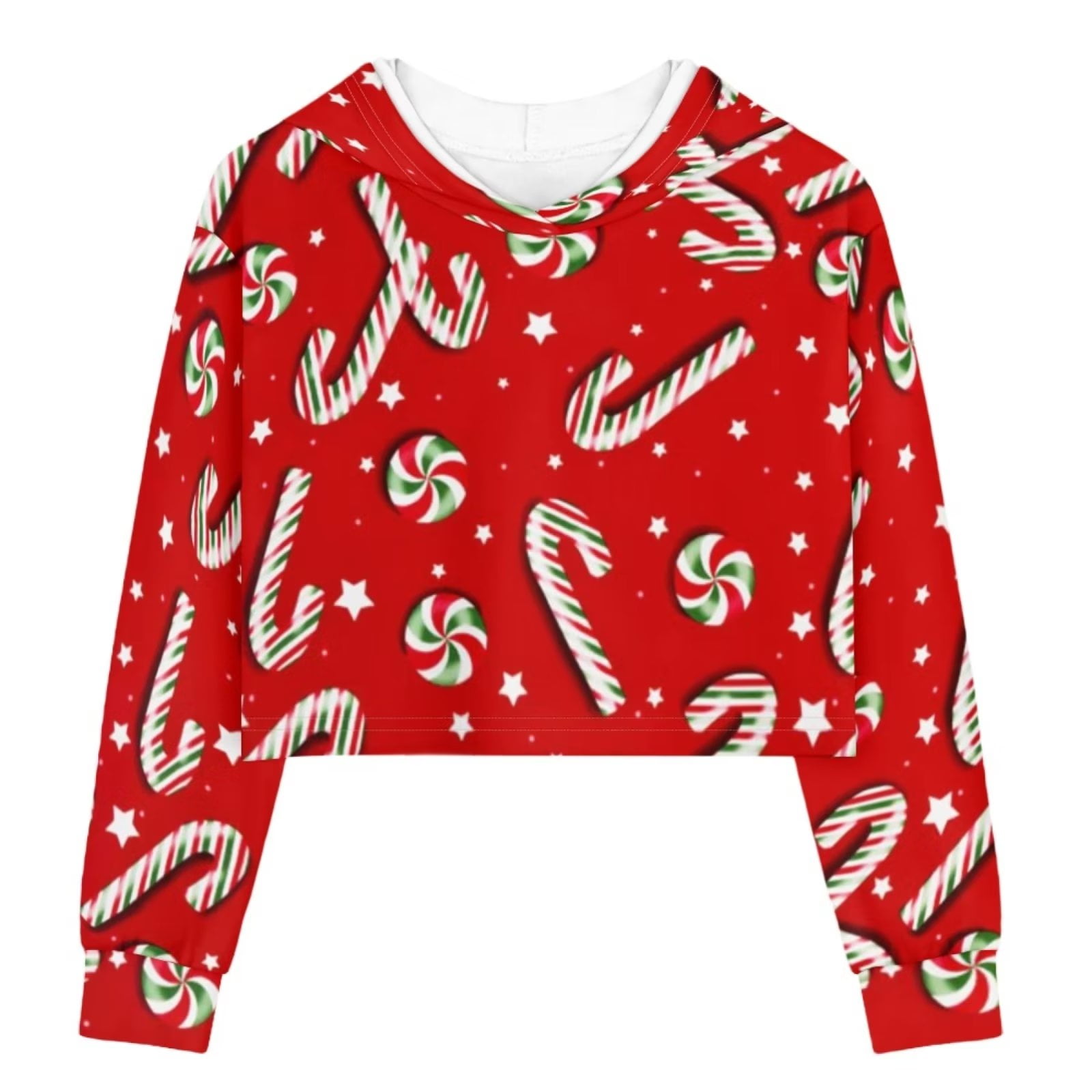 Renewold Merry Christmas Cropped Hoodies Y2k Lightweight Candy Canes