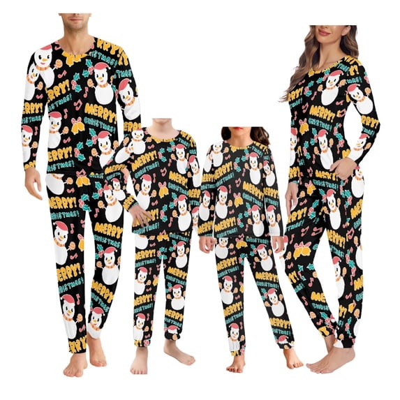 Renewold Merry Christmas Matching Family Pajamas Set Long Sleeve Festival Party Pj Sets Holiday Warm Sleepwear for Wome Size 5XL 2 Pieces Snowman Pine Cones Lounge Wear