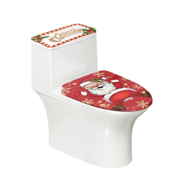 Renewold Merry Christmas Toilet Lid Cover Tank Lid Covers with Elastic Edge 2 Pieces Santa Snowflake Toilet Cover Set Splash Resistant with Elastic Edge