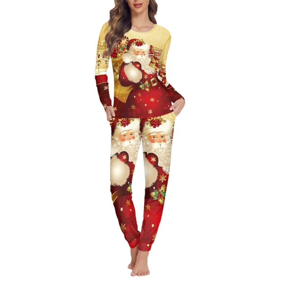 Renewold Merry Christmas Women Sleepwear Set Stylish Santa Gifts Graphic Pajama Tops 2 Pack Cozy Up T-Shirt Long Pants Home Relaxed Sweatshirt Size XS