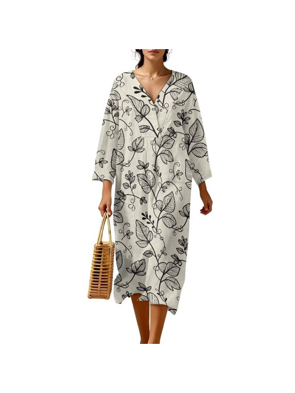 Minimalist Line Leaf Print Midi Dress Loose Swing Casual Dresses Lightweight Trendy Beachwear Linen-Look Polyester Kaftan Dresses for Women Long Sleeve Caftan, 3XL