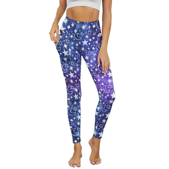 Renewold Moon Star Galaxy Yoga Leggings with Pockets for Women Thick Exercise Yoga Pants High Waisted Soft Slim Ankle Pants Printed Leggings 4 Way Stretch Leggings, L