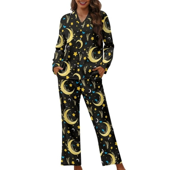 Renewold Moon Stars Pajama Pants Set Multi-Season Comfort Sleepwear Women 2 Pieces Scoop Neck Home Life Pjs Loose Fitting Warmth Button Down Night Wear Size 4XL
