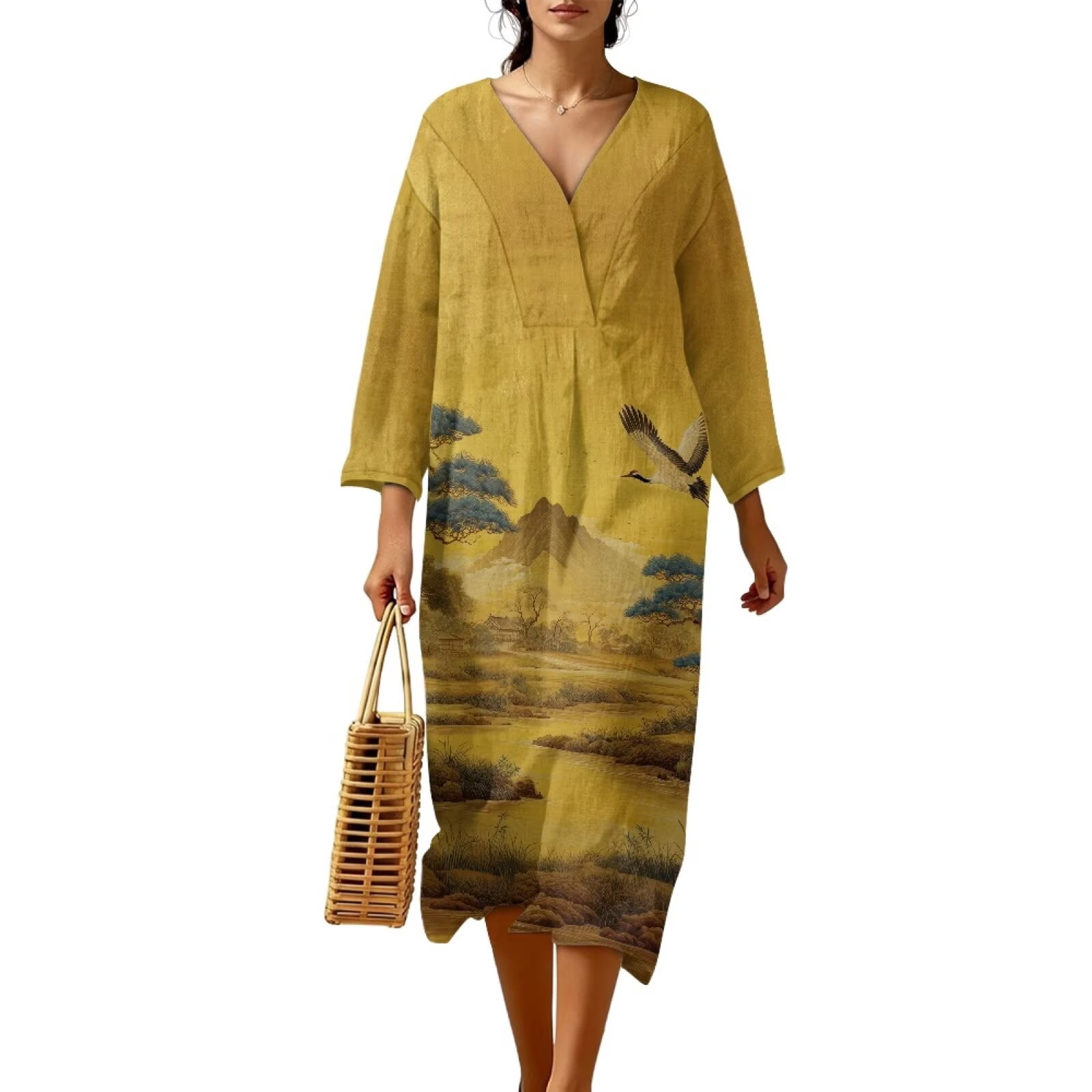 long tunic dresses for older ladies Renewold Mountain Bird Tree Print Women Trendy Casual Dress Sleeve V Neck Oriental Chinese Landscape Maxi Dress Women Oversized fantasy female tunic