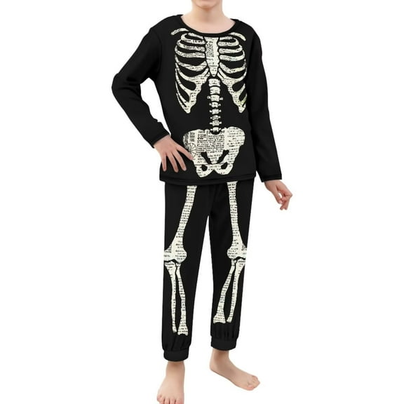 Renewold Multi-Season Pajama Pants and Tops Set Casual Size 11-12Y Cozy Crewneck Athletic Outfits 2pcs Long-Sleeve Tracksuit with Skull Graphic Vacation Birthday Halloween Gifts