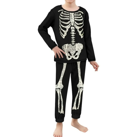 Renewold Multi-Season Pajama Pants and Tops Set Casual Size 13-14Y Cozy Crewneck Athletic Outfits 2pcs Long-Sleeve Tracksuit with Skull Graphic Vacation Birthday Halloween Gifts