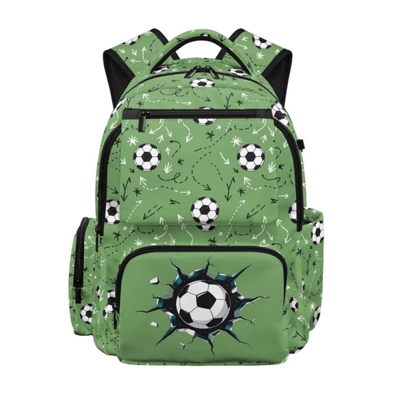 Renewold Multi-pocket Children Backpack for 15.6 inch Laptop 17 Inch School Backpack with Adjustable Straps Back to School Bag for Boys and Girls Daypack, Soccer Ball Line Print Green