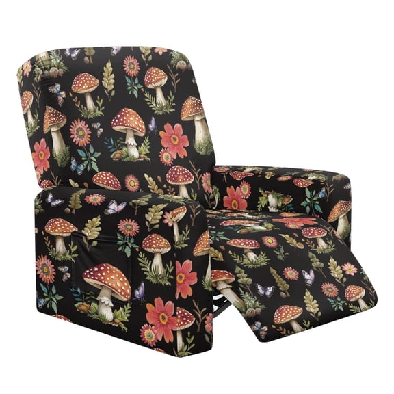Renewold Mushroom Butterfly Floral Chair Cover for Recliner Stretch Recliner Cover 4 Pieces Reclining Couch Slipcover Machine Washable Furniture Protector for Kids Pets, Black