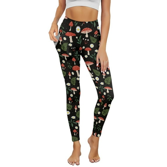 Renewold Mushroom Daisy Leaf Yoga Pants with Pockets for Women High Waisted Workout Yoga Pants Tummy Control Buttery Soft Compression Pants Sportswear Non See-Through, M