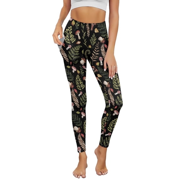 Renewold Mushroom Fern Leaf Black Yoga Leggings for Women with Pockets Trendy Running Yoga Pants High Waisted Tummy Control Graphic Pants Tights for Cycling Yoga Sports, XL