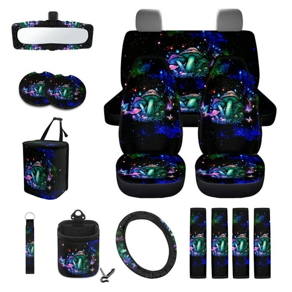 Renewold Mushroom Galaxy 15 PCS Car Seat Covers Set for Men Women, Soft Seat Protector Steering Wheel Cover Seat Belt Pads Trash Bin Sunglasses Pocket Rear View Mirror Protector Coasters Key Chain