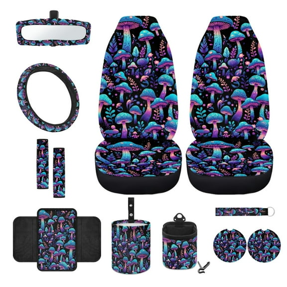 Renewold Mushroom Leaf 12 PCS Car Seat Cover Set with Front Car Seat Covers Steering Wheel Cover Seat Belt Cover Trash Can Armrest Cover Rear View Mirror Cover Coaster Keychain Air Vent Bag