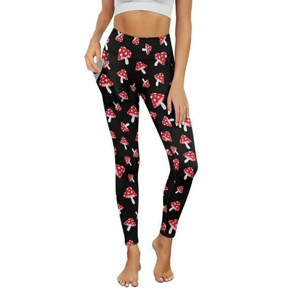 Renewold Mushroom Red Yoga Leggings with Pockets for Women Athletic Pants High Waist Ultra Soft Hip Lift Ankle Pants Printed Leggings 4 Way Stretch Plus Size, XS