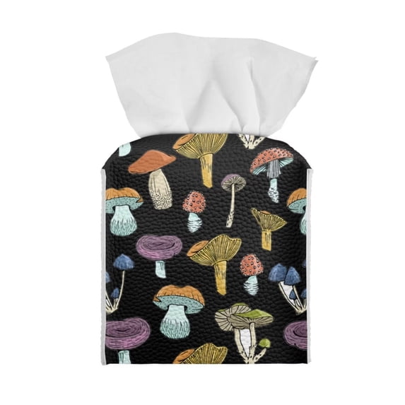 Renewold Mushroom Tissue Box Case PU Leather Square Napkin Tissue Dispenser Decorative for Office Desk,Cars,Bathroom,Vanity Counter Top Cube Paper Cover