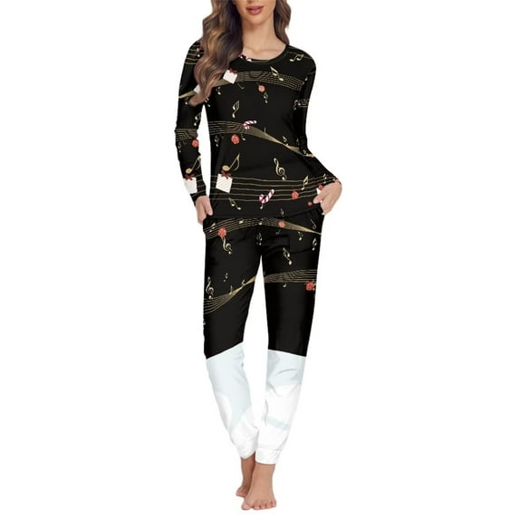 Renewold Music Notes Candy Canes Nightwear for Women Causal Christmas Pajama Graphic Pjs Pants Set Athletic Home Crew Neck Sleepwear Size 3XL,Pack of 2