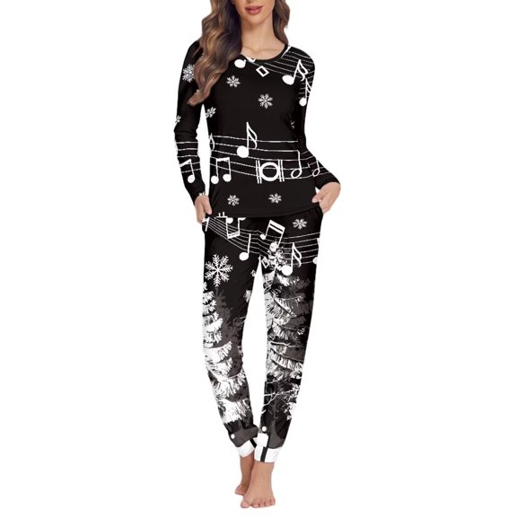 Renewold Music Notes Snowflake Sleepwear for Ladies Cozy Indoor Home Pajama Outfits Merry Christmas Nightwear Skinny Sleep Set of 2 Jogger Yoga Sweatshirt Size M
