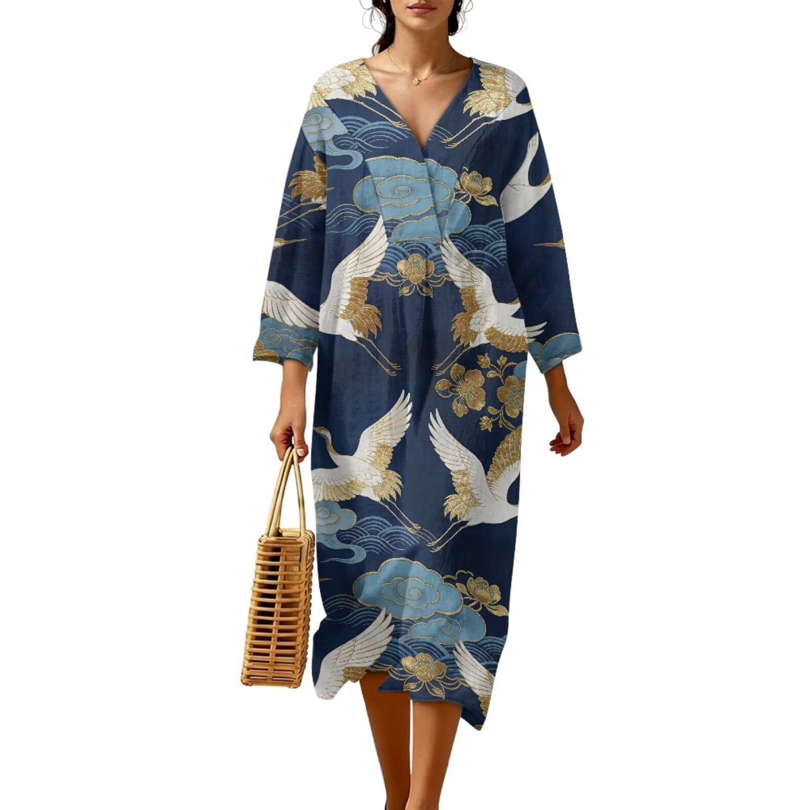 gold dress and caftan with cranes Renewold Navy Crane Cloud Print Womens Trendy Vacation Dresses Linen-Look Polyester for Women Oriental Graphic Leisure Bathing Suit clothing boutique